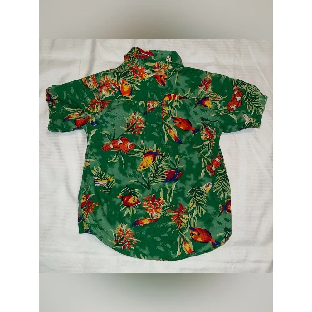 OshKosh Bgosh Boys Green Tropical Fish Print Cotton Button Down Shirt Size 5